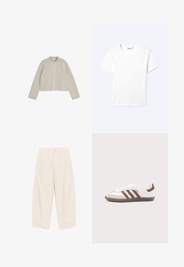 Cardigan beige clair à manches longues avec col rond, fermeture par boutons-pression sur le devant, et deux poches avant avec boutons-pression.; T-shirt blanc uni à manches courtes et col rond avec une petite étiquette "WEEKDAY" à l'intérieur de l'encolure, présenté à plat sur un fond clair.; Pantalon crème à taille haute et jambes larges, avec bouton avant, fermeture éclair, passants pour ceinture et poches latérales inclinées.; Baskets Adidas Samba blanches avec des bandes en daim marron, semelle en caoutchouc marron et bout en daim beige, vues du côté extérieur sur un fond uni.