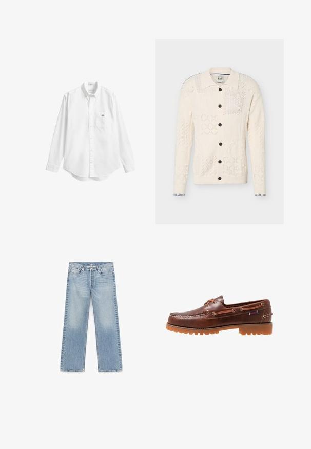 Cardigan crème boutonné avec motifs tricotés texturés, col et poignets côtelés avec des boutons noirs sur le devant.; Chemise blanche boutonnée, manches longues, tissu en coton doux, ourlet arrondi, poche poitrine unique, petit logo sur la poche, col classique.; Jean droit bleu clair avec un effet délavé, design à cinq poches, accessoires métalliques et fermeture éclair. Texture en denim lisse.; Chaussure bateau en cuir marron avec semelle en caoutchouc, trous de lacets, et une tige cousue, présentant un motif texturé en relief sur le bout.