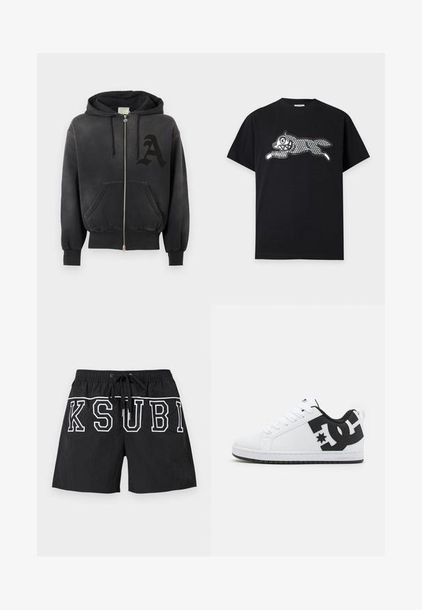 Sort lynlåstrøje med forlommer, snøre i hætten og stort mørkt stiliseret bogstav "A" på venstre bryst.; Sort kortærmet T-shirt med en stiliseret løbende ulv lavet af små reflekterende prikker på brystet.; Sorte badeshorts med elastisk linning og snøre, med store hvide konturerede bogstaver "KSUBI" på forsiden.; Hvide atletiske sko med en glat syntetisk overdel, der har sorte logo-detaljer og en gummisål. Snørebåndsdesign, med afrundet tåform.