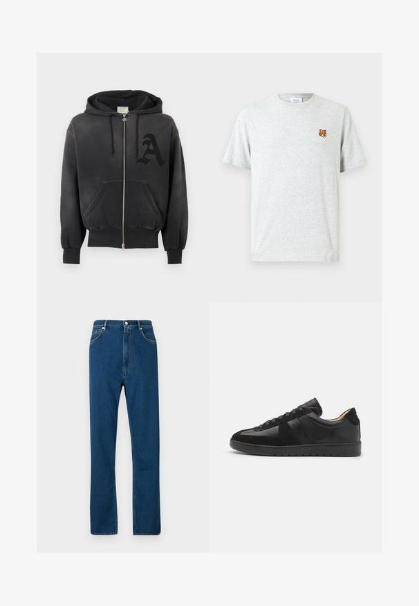Schwarzer Kapuzenpullover mit Reißverschluss, Fronttaschen, Kordelzug an der Kapuze und einem großen dunkel stilisierten Buchstaben "A" auf der linken Brust.; Graues Kurzarm-T-Shirt aus Baumwolle, mit einem kleinen gestickten Fuchs-Kopf auf der linken Brust. Schlichter runder Ausschnitt, lässige Passform.; Blaue Jeans mit hohem Bund, geradem Schnitt, Fünf-Taschen-Design und kontrastierendem orangefarbenem Nähen. Geschmeidige Textur.; Tiger of Sweden BELLICU - Sneaker low - black
