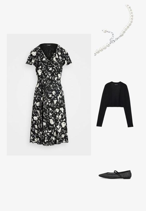 Cardigan noir court à manches longues, fabriqué en tissu tricot léger. Présente un design ouvert à l'avant et des bords arrondis.; Robe noire avec motif floral blanc, manches courtes, décolleté en V et accents de boutons. Jupe évasée pour un ajustement fluide. Le matériau semble léger.; Chaussure plate noire avec un design à bout pointu, tige en maille avec des accents en strass, et une fine bride pour un maintien sécurisé. Semelle plate.; Collier en perles blanches avec un fermoir en argent, comportant une série de perles rondes et une petite chaîne d'extension pour un ajustement de la longueur.