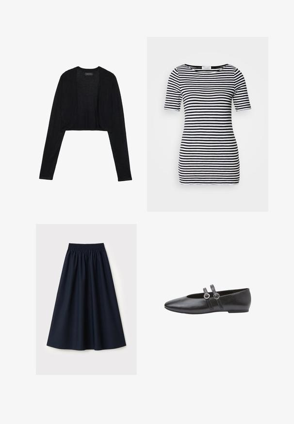 Sort cropped cardigan med lange ærmer, fremstillet af let strikket stof. Har åben frontdesign og rundede kanter.; Sort og hvid stribet kortærmet top med bådhalsudskæring, tætsiddende silhuet og blød, glat stofstruktur.; Mørkeblå nederdel lavet af glat stof med elastisk taljebånd, udvidet design og knælængde. Ingen mønstre eller detaljer synlige.; Sorte læderballerinaer med spids tå, der har to remme med cirkulære spænder og en lav, flad sål. Glat tekstur over det hele.