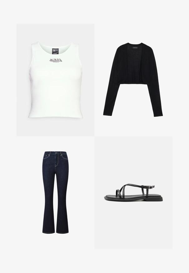 Sort cropped cardigan med lange ærmer, fremstillet af let strikket stof. Har åben frontdesign og rundede kanter.; Hvid ribbet crop tank top med rund halsudskæring og sort "Von Dutch" logo i midten. Lavet af strækbart bomuldsblandingsstof.; Mørkeblå denim flare jeans med høj talje, fem lommer og gul syning langs sømmene. Glat tekstur, almindelig pasform.; Sorte flade sandaler med tynde justerbare stropper, rektangulær tåpost og en struktureret mat finish. Har en lav, let firkantet hæl.