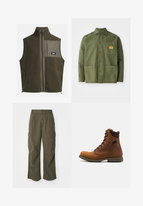 Chaleco de forro polar en verde oliva oscuro con cuello alto, cierre de cremallera y bolsillo en el pecho izquierdo. Presenta tejido texturizado y bolsillos laterales.; Chaqueta verde oliva de algodón pesado, con cuello puntiagudo, botones frontales y dos grandes bolsillos de parche. Incluye un pequeño parche con el logo.; Pantalones cargo en verde oliva, fabricados en algodón, con un diseño de pierna ancha, pliegues y bolsillos laterales para mayor utilidad.; Harley Davidson DARNEL CE RIDING APPROVED - Botines con cordones - brown