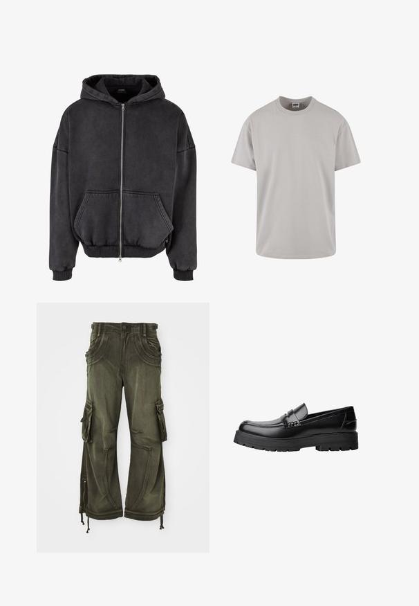 Lynlåset hoodie i mørkegrå, lavet af blødt stof. Har en frontlomme, ribbede manchetter og kant, samt en hætte med snor.; Lys grå bomulds T-shirt, korte ærmer, rund hals, afslappet pasform, glat tekstur, ingen mønstre eller synlige grafik. Rengør design.; Oliven grønne cargo bukser lavet af bomuld med en afslappet pasform, featuring sidelommer, lynlåse ved anklerne og snore ved kanten.; Sort læderloafer med kraftig sål og dekorativ rem henover, vist i venstre sideprofil på hvid baggrund.