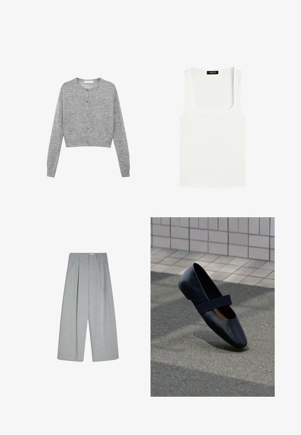 Grå kort cardigan lavet af blødt materiale, med lange ærmer, rund hals og knaplukning foran.; Hvid ærmeløs tanktop med firkantet halsudskæring og sort label på den indvendige bagside af nakken.; Grå plisserede bukser lavet af tekstureret stof, med sidelommer, bredt ben og en ren, skræddersyet silhuet.; Sort læder flad sko med rund tå, der har en blød sort elastisk strop over vristen. Glat tekstur og minimalistisk design.