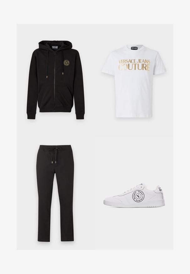 Sweat à capuche noir zippé avec capuche et poches avant, arborant un petit logo rond Versace Jeans Couture sur le côté gauche de la poitrine.; T-shirt en coton blanc avec un lettrage doré en gras "VERSACE JEANS COUTURE" sur le devant. Col rond et manches courtes.; Pantalon noir à jambes droites avec ceinture élastique et cordon de serrage à embouts métalliques, posé à plat sur un fond clair.; Baskets basses blanches avec logo circulaire noir "Versace Jeans Couture" sur le côté et l’arrière, lacets blancs et semelle en caoutchouc blanche.