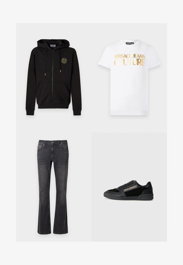 Čierna mikina na zips s kapucňou a prednými vreckami, s malým okrúhlym logom Versace Jeans Couture na ľavej strane hrudníka.; Biele tričko s krátkym rukávom a zlatým metalickým nápisom "Versace Jeans Couture" na prednej strane a okrúhlym výstrihom.; Čierne denimové nohavice s rozšíreným strihom, piatimi vreckami a kovovým zapínaním. Tkanina má hladkú štruktúru s jemným vyblednutím.; Čierne tenisky s hladkým koženým povrchom a semišovými akcentami. Majú nízky strih, šnúrky a zlaté logo na boku.