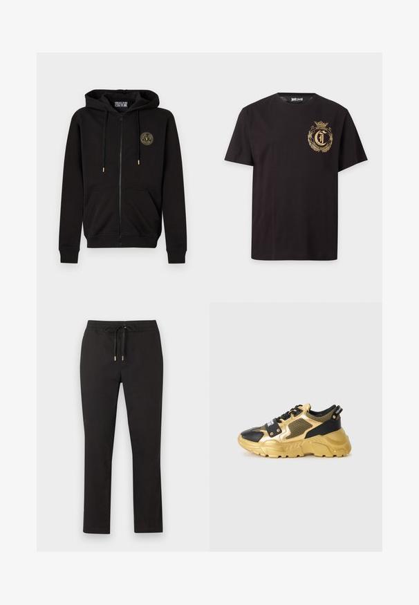 Sweat à capuche noir zippé avec capuche et poches avant, arborant un petit logo rond Versace Jeans Couture sur le côté gauche de la poitrine.; T-shirt noir à manches courtes avec logo Just Cavalli doré et blason sur le côté gauche de la poitrine et étiquette Just Cavalli à l'intérieur du col.; Pantalon noir à jambes droites avec ceinture élastique et cordon de serrage à embouts métalliques, posé à plat sur un fond clair.; Baskets noires et dorées avec un dessus en maille, une semelle épaisse et des accessoires décoratifs. Présente un patch logo bien en évidence au niveau du laçage.