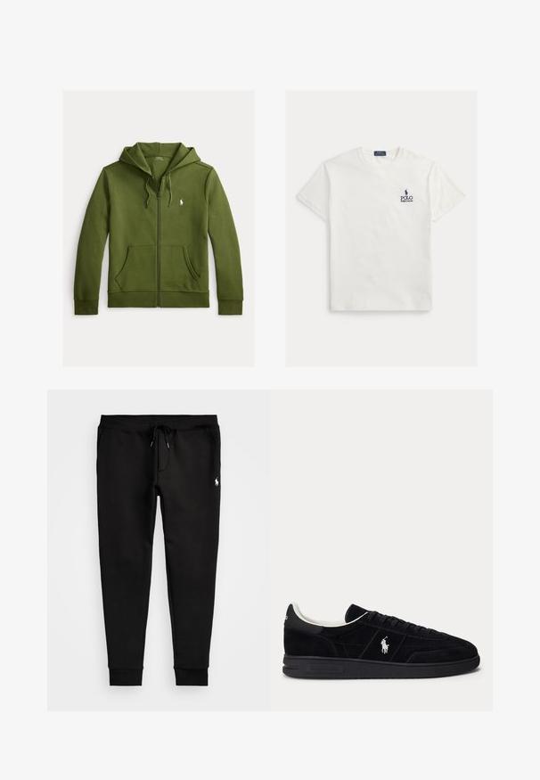 Grüner Kapuzenpullover mit Reißverschluss aus weicher Baumwolle. Verfügt über eine Kapuze mit Kordelzug, Fronttaschen, elastische Bündchen und ein kleines, aufgesticktes Logo auf der Brust.; Weißes Baumwoll-T-Shirt mit kurzen Ärmeln. Auf der linken Brust sind ein marineblaues Logo und Text zu sehen. Klassisches Rundhals-Design. Glatte Textur.; Schwarze Sweatpants aus weichem Stoff, mit einem Kordelzugbund, eng anliegenden Bündchen und einem kleinen weißen Logo am linken Bein.; Schwarzer Sneaker mit niedrigem Schnitt, schwarzen Schnürsenkeln, weißem Innenfutter und weißem Polo Ralph Lauren-Logo an der Seite und an der Ferse.