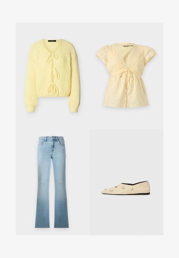 Cardigan en maille jaune doux avec manches longues, poignets et ourlet côtelés, présentant trois attaches à nouer à l'avant.; Blouse short jaune pâle à manches courtes avec encolure en V, bordure en dentelle, boutons à l'avant, ceinture à nouer à la taille et motif à carreaux discret.; Jean denim bleu clair taille haute à jambes droites avec poches avant et arrière, fermeture à boutons et passants pour ceinture.; CLOSED Ballerines - ecru