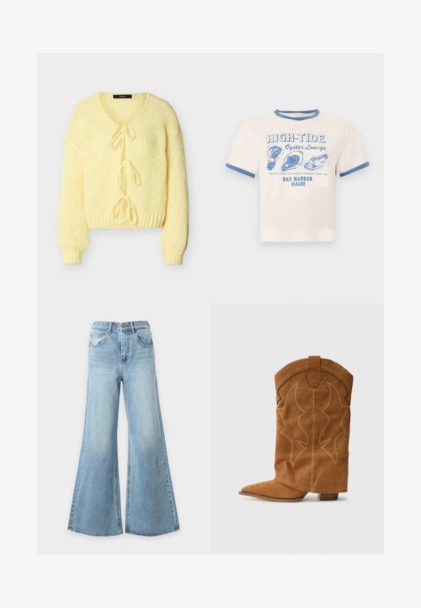 Blød gul strikket cardigan med lange ærmer, ribbede manchetter og kant, med tre bindelukninger foran.; Kremfarvet t-shirt med blå kant og teksten "HIGH-TIDE Oyster Lounge" samt tre blå østerskalsillustrationer, der refererer til Bar Harbor, Maine.; Lyseblå vidde denimbukser med forreste knap- og lynlås, bæltestropper og forlommer, vist på en ensfarvet baggrund.; Brun ruskinds cowboystøvle med spids tå, dekorative syninger og skaft til midt på læggen med et bølget mønster samt en lille hæl.