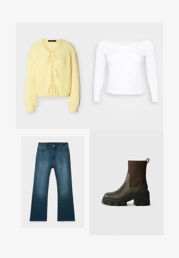 Blød gul strikket cardigan med lange ærmer, ribbede manchetter og kant, med tre bindelukninger foran.; Hvid langærmet skjorte med bred halsudskæring, lavet af blødt og glat materiale. Har et tætsiddende design og en cropped kant.; Blå jeans med lige ben, foran- og baglommer, knap- og lynlåslukning og subtile falmede detaljer på lår og knæ.; Brune læder ankelstøvle med en mat finish, elastiske sider og en chunky blokhæl. Har en struktureret gummisål og en løftestrop.