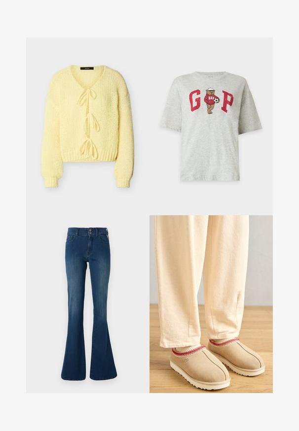 Cardigan en maille jaune doux avec manches longues, poignets et ourlet côtelés, présentant trois attaches à nouer à l'avant.; T-shirt gris clair avec des lettres rouges "G" et "P", mettant en avant un ours portant un sweat à capuche rouge et une casquette blanche tenant un ballon de football.; Jean en denim bleu foncé taille haute avec une légère évasement en bas et fermeture à boutons sur un fond clair uni.; Pieds portant des chaussons beiges avec une bordure rouge et un pantalon crème debout sur un sol en bois.