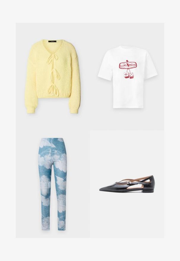 Blød gul strikket cardigan med lange ærmer, ribbede manchetter og kant, med tre bindelukninger foran.; Hvid T-shirt med rød grafik af et bakspejl, der viser en cowboy på en hest og to bløde terninger hængende under det.; Leggings med en blå denim baggrund og hvide sky mønstre. Stoffet synes strækbart med en tætsiddende design og ankel længde.; Sorte flade lædersko med spids tå, åbne sider og en lille ankelrem med et sølvspænde som pynt.