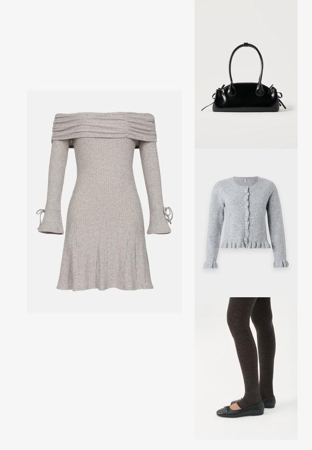 Grijze gebreide cardigan met lange mouwen, ronde halslijn, gerimpelde knopenlijst en gerimpelde manchetten en zoom. Zachte textuur en getailleerd ontwerp.; Grijze off-the-shoulder jurk met geribbelde textuur, lange mouwen met strikdetails en een uitlopende rok.; Benen met donkere geribbelde leggings gecombineerd met zwarte ballerina's met kleine strikdetails op een witte achtergrond.; Kleine zwarte glanzende handtas met twee lange hengsels en zijkant trekkoord details op een effen lichte achtergrond.