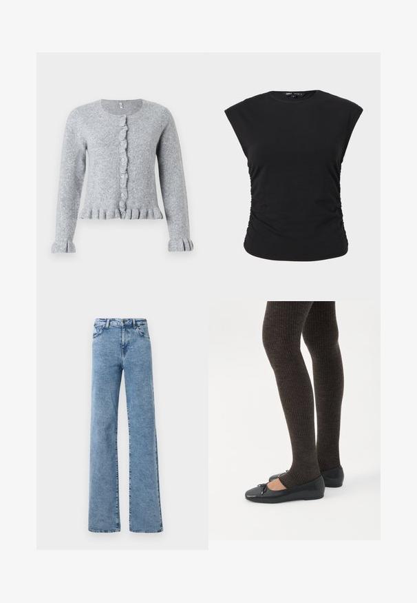 Cardigan en tricot gris à manches longues, col rond, patte de boutonnage froncée et poignets et ourlet froncés. Texture douce et design ajusté.; Haut noir sans manches froncé sur le côté avec encolure ronde, coupe ample aux épaules et détail cintré à la taille, présenté sur un fond uni.; Noisy May Straight fit NMYOLANDA - Wide Leg - medium blue denim; Jambes portant des leggings côtelés foncés associés à des ballerines noires avec de petits détails en nœud sur fond blanc.