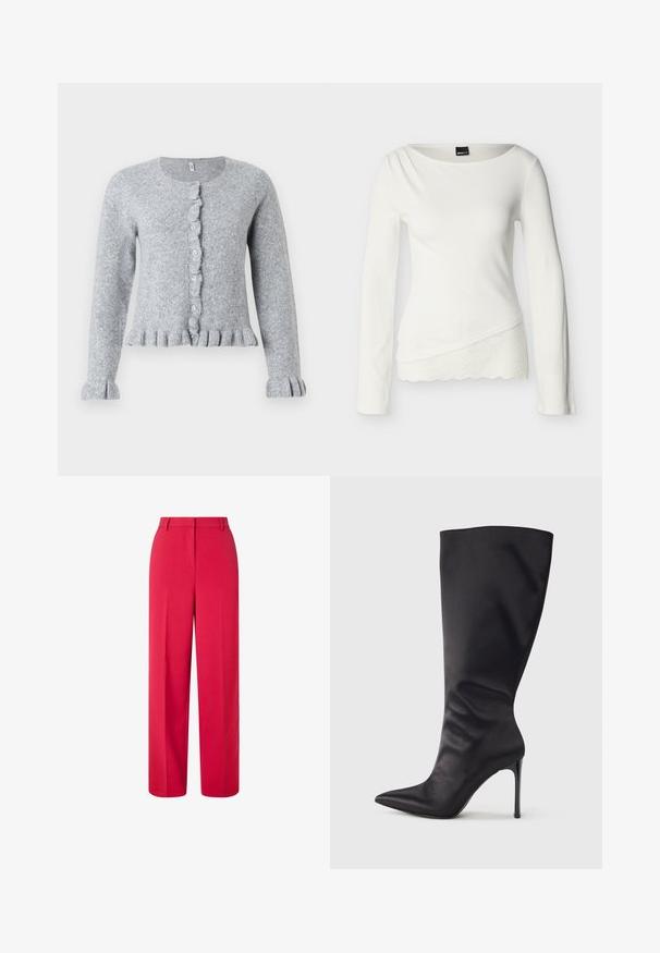 Harmaa neulecardigan, jossa on pitkät hihat, pyöreä pääntie, rypytetty nappilista sekä rypytetyt hihat ja helma. Pehmeä tekstuuri ja sekä istuva muotoilu.; Valkoinen pitkähihainen vartalonmyötäinen pusero, jossa epäsymmetrinen helma ja pitsireunus sekä kevyesti laskeutuva kaula-aukko, valmistettu ribbineuloksesta.; Korkeavyötäröiset leveälahkeiset punaiset housut vyölenkeillä ja piilotetulla etulukolla valkoisella taustalla.; Musta polven korkuinen piikkikorkokenkä, valmistettu sileästä ja kiiltävästä materiaalista; terävä kärki; tiukka istuvuus ja hienovarainen rypytys nilkan kohdalla; kiiltävä korko.