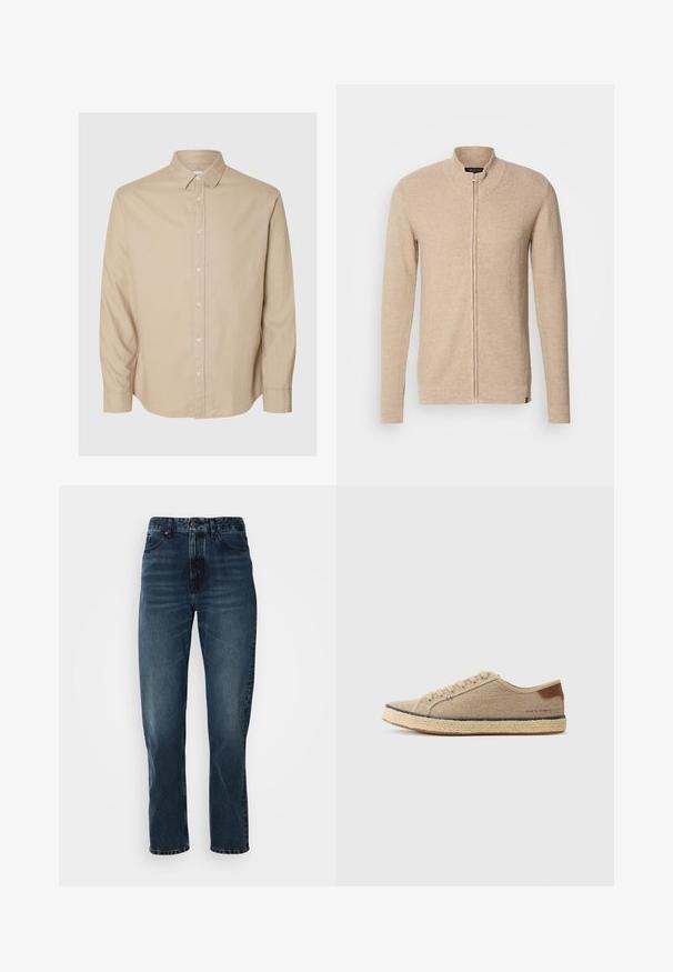 Cardigan zippé beige avec un col montant, des manches longues, un tissu tricoté texturé et des accents côtelés subtils sur les poignets et l'ourlet.; Selected Flannel - Chemise - pure cashmeredetail:mixed w. oatmeal; Jeans droits bleu foncé avec fermeture à bouton et zip à l'avant, design à cinq poches, et subtile décoloration sur les cuisses et les genoux.; Baskets en toile beige avec un bout arrondi, semelle en jute, accent en cuir marron au talon et couture ton sur ton sur le côté.