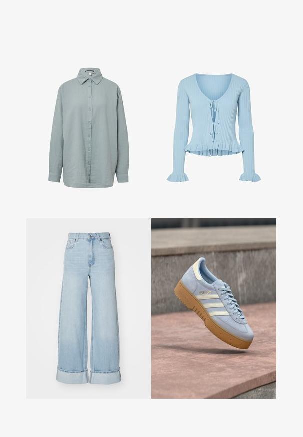 Cardigan en maille côtelée bleu clair avec manches longues, poignets et ourlet froncés, et deux fermetures à nouer à l'avant.; Chemise à manches longues, bleu clair, à boutons. Fabriquée en tissu doux et texturé avec un col standard, dotée d'une fermeture à boutons sur le devant et de manches à poignet.; Jean large bleu clair à taille haute, avec des revers aux jambes et une texture en denim classique. Comprend des poches avant et une fermeture éclair.; Baskets en daim bleu clair avec des rayures blanches et un logo doré, dotées d'une semelle en caoutchouc naturel et d'un col rembourré pour le confort.