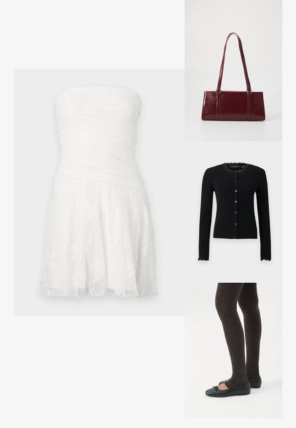 Cardigan noir côtelé à manches longues avec boutons à l'avant et bordure en dentelle au niveau du col et des poignets.; Robe blanche sans bretelles avec un buste froncé, des détails en dentelle et une jupe évasée. Confectionnée dans un tissu léger avec une finition texturée.; Jambes portant des leggings côtelés foncés associés à des ballerines noires avec de petits détails en nœud sur fond blanc.; Sac à main bordeaux en matériau brillant, de forme rectangulaire, avec deux anses et des accents légèrement courbés à l'avant.