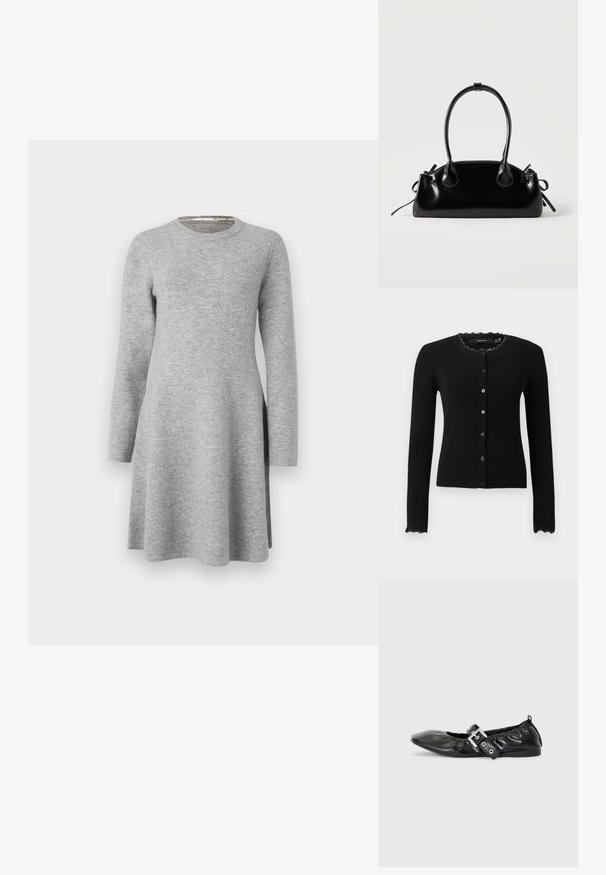 Cardigan noir côtelé à manches longues avec boutons à l'avant et bordure en dentelle au niveau du col et des poignets.; Robe grise à manches longues en tissu doux ; présente un col rond et une coupe décontractée, s'évasant légèrement à l'ourlet avec des fentes latérales.; Chaussure plate en cuir noir avec un nez pointu, des détails froncés autour de l'ouverture et un accent en boucle argentée sur la bride ajustable.; Petit sac à main noir brillant avec deux longues anses et des détails à cordon sur les côtés sur un fond clair uni.