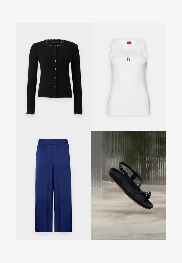 Sort ribbet cardigan med lange ærmer, frontknapper og blondekant ved halsudskæring og manchetter.; Hvid tanktop lavet af bomuld, med et enkelt design og en rund halsudskæring samt et sort "HUGO" logo i midten. Glat tekstur.; Marineblå buks med bred ben, med elastisk talje, lavet af glat stof, der har et enkelt og funktionelt design uden synlige mønstre.; Sort sandal med krydsede stropper, flad sål og en dekorativ metalaccent. Glat mat tekstur og lys brun ydersål.