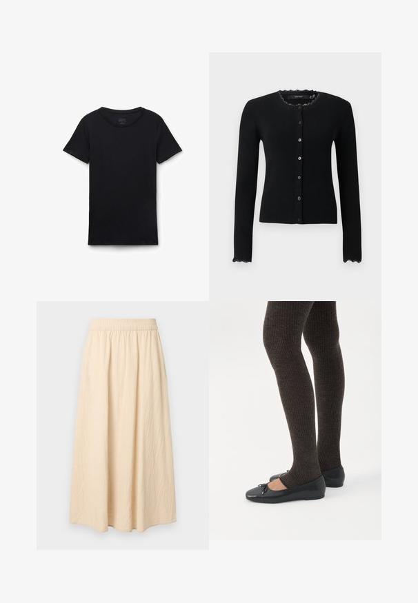 Sort ribbet cardigan med lange ærmer, frontknapper og blondekant ved halsudskæring og manchetter.; Sort t-shirt med korte ærmer og rund hals lagt fladt på hvid baggrund, der viser forfra og glat stoftekstur.; Lang beige nederdel med elastisk taljebånd, blødt tekstureret stof og en løs, flydende silhuet.; Ben iført mørke ribbede leggings kombineret med sorte balletsko med små sløjfedetaljer på hvid baggrund.