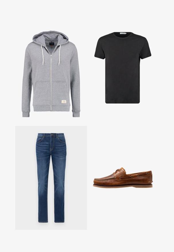 Grijze rits-up hoodie met een capuchon met trekkoord, voorzakken, ribgebreide boorden en een klein label aan de onderkant aan de rechterkant. Zacht en casual materiaal.; Zwarte katoenen t-shirt met een ronde halslijn en korte mouwen. De stof heeft een gladde textuur en geen patronen of accenten. Regular fit.; Donkerblauwe denim jeans met een klassieke rechte pasvorm, vijfzakkenontwerp en lichte vervaging details op de benen. Voorzien van een knoop- en ritssluiting.; Brown leren botenschoen met gestikte accenten, voorzien van metalen oogjes, een verhoogde naad op de neus en een platte rubberen zool.