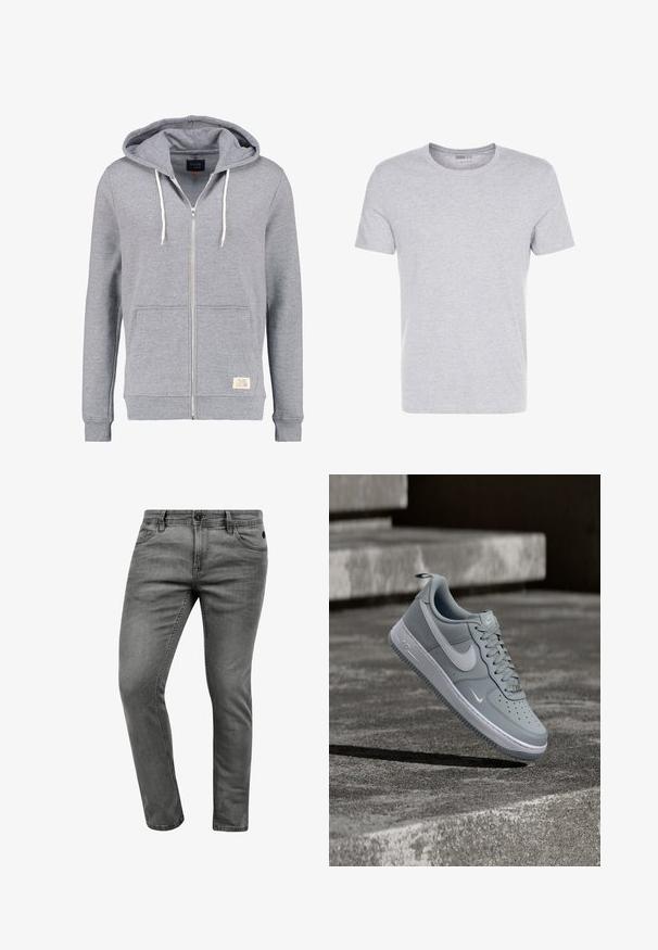 Grå zip-up hættetrøje med snøre i hætten, frontlommer, ribbede manchetter og et lille mærke i nederste højre hjørne. Blødt og afslappet stof.; Grå bomulds T-shirt med rund hals, korte ærmer og et enkelt design, som har en blød, glat tekstur uden synlige mønstre eller udsmykninger.; Grå denim jeans med slim fit, der har fem lommer, en knaplukning og diskrete syninger. Blød tekstur og enkelt design.; Grå Nike Air Force 1 sneaker med hvid Swoosh-logo, svævende over en tekstureret betonoverflade med trapper i baggrunden.
