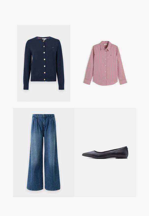 Cardigan bleu marine à manches longues avec col rond et boutons dorés sur le devant, avec un petit logo Tommy Hilfiger sur la poitrine.; Chemise à rayures verticales rouges et blanches à manches longues avec col et petit logo brodé sur la poitrine, présentée à plat sur fond blanc.; Jeans évasés en denim bleu moyen, avec des plis au niveau de la taille et un design à plat à l'avant. Ourlet simple sans embellissements visibles.; Chaussure plate en cuir noire à bout pointu avec petit talon, vue de profil sur fond blanc.