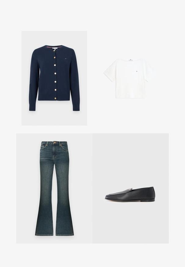 Cardigan bleu marine à manches longues avec col rond et boutons dorés sur le devant, avec un petit logo Tommy Hilfiger sur la poitrine.; T-shirt blanc à manches courtes et col rond avec un petit logo rouge, blanc et bleu sur la poitrine gauche et des revers de manches pliés.; Jean flare en denim bleu foncé avec un léger décoloré subtil, taille standard et un design classique à cinq poches. Accents en métal cuivré.; Mocassins en cuir noir à texture lisse, bout arrondi et détails de couture subtils. Ils présentent un accent logo doré sur le côté supérieur.