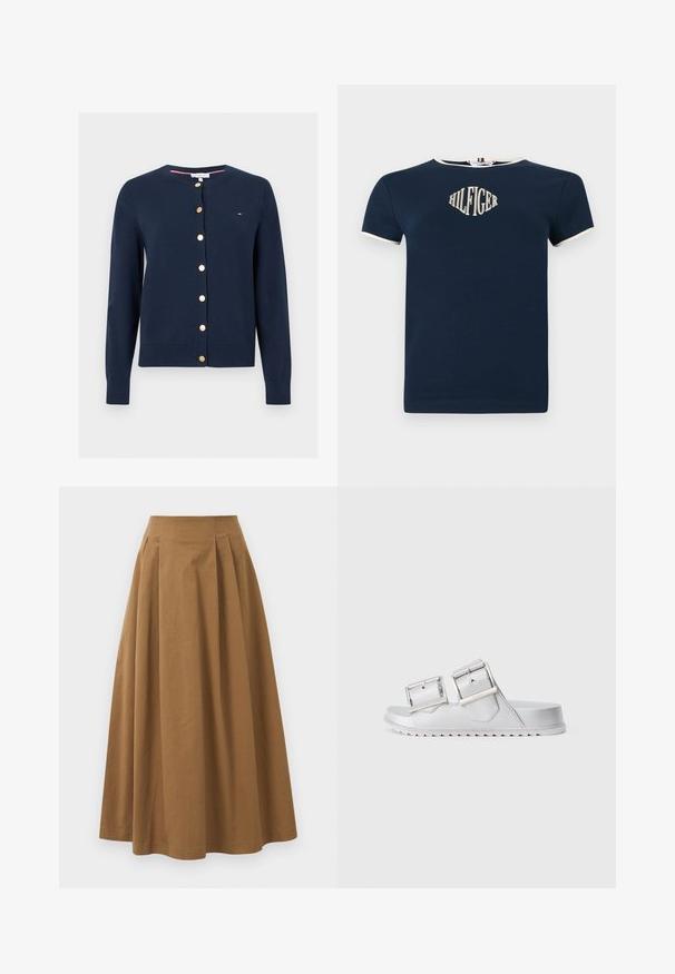 Marineblauwe cardigan met lange mouwen, ronde hals en gouden knopen aan de voorkant, met een klein Tommy Hilfiger-logo op de borst.; Navyblauwe T-shirt met korte mouwen, gemaakt van katoen, met een crèmekleurige afwerking bij de halslijn en mouwen en een beige "HILFIGER" logo op de voorkant.; Bruine katoen A-lijn rok met een hoge taille, voorzien van plooien aan de voorkant en een gladde textuur. De zoomafwerking is schoon en eenvoudig.; Zilveren sandalen met twee brede verstelbare banden, een gestructureerd materiaal en een platte zool met een zigzagpatroon aan de onderkant.