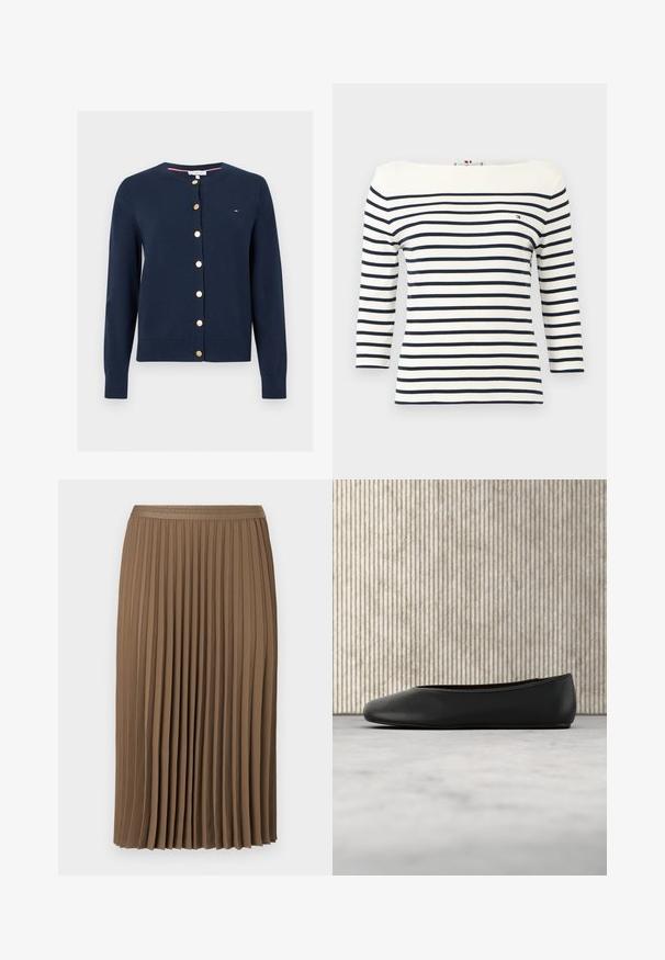 Marineblauwe cardigan met lange mouwen, ronde hals en gouden knopen aan de voorkant, met een klein Tommy Hilfiger-logo op de borst.; Wit shirt met lange mouwen, horizontale donkerblauwe strepen en een klein Tommy Hilfiger-logo op de linkerborst.; Braune plissierte rok gemaakt van zachte stof, met een getextureerde tailleband met een geometrisch patroon. Het ontwerp is midi-lengte en vloeit soepel.; Zwarte leren balletflat met een afgeronde neus, een gladde textuur en een gouden logoaccent aan de zijkant. Geplaatst boven een reflecterend oppervlak.