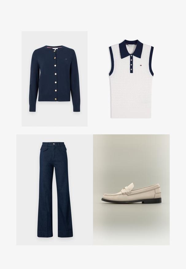 Cardigan bleu marine à manches longues avec col rond et boutons dorés sur le devant, avec un petit logo Tommy Hilfiger sur la poitrine.; Polo en maille sans manches blanc avec col bleu marine et patte de boutonnière, avec petit logo Tommy Hilfiger sur la poitrine.; Jean en denim à jambes larges de couleur bleu foncé avec une taille haute, fermeture à boutons devant et deux poches arrière. Texture lisse et coupe ajustée.; Mocassin pour homme en cuir beige avec semelle noire et détail de sangle décorative sur fond gris clair.