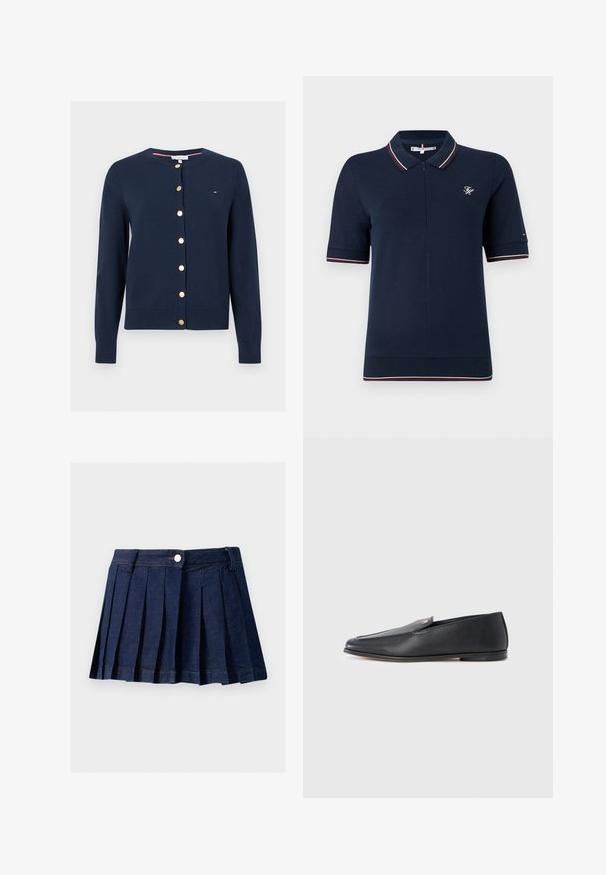 Marineblå cardigan med lange ærmer, rund hals og gyldne knapper foran, med et lille Tommy Hilfiger-logo på brystet.; Marineblå polo med lynlåssøm, korte ærmer og kontrasterende stribede detaljer i rød og hvid på kraven og ærmerne.; Mørk denim plisseret nederdel med en tætsiddende talje, knaplukning og kontrastsyning. Har pæne pliser og en lige kant.; Sorte læderloafers med en glat tekstur, rundet tå og subtile syningsdetaljer. Har en guldfarvet logoaccent på oversiden.