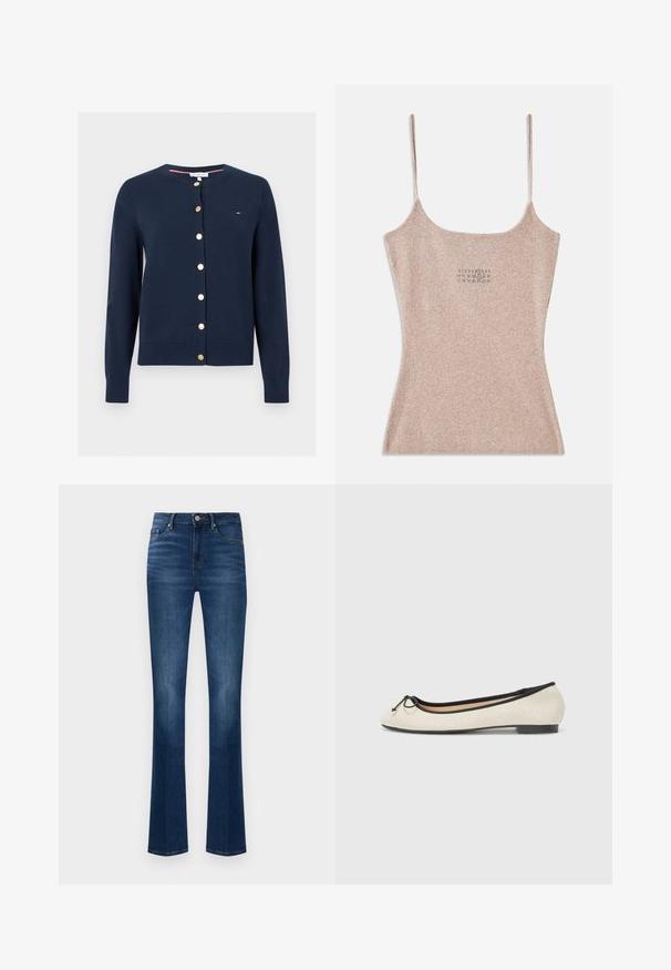 Marineblå cardigan med lange ærmer, rund hals og gyldne knapper foran, med et lille Tommy Hilfiger-logo på brystet.; Ribbet, beige top med tynde justerbare stropper. Har en firkantet udskæring og en lille trykt detalje nær midten.; Mørkeblå jeans i denim med en flared ben-design, med en mellemhøj talje, forlommer og knaplukning. Glat tekstur.; Balletflade i en beige tekstil med sort kant. Har en rund tå og en lille sløjfeaccent foran. Lav profil sål.