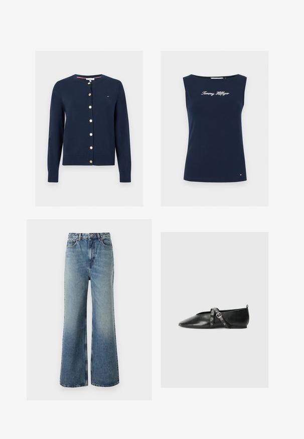 Tmavomodrý kardigán s dlhým rukávom, okrúhlym výstrihom a zlatými gombíkmi vpredu, so malým logom Tommy Hilfiger na hrudi.; Tmavomodré tielko bez rukávov s nápisom „Tommy Hilfiger“ na hrudi a malou logovou značkou pri spodnom okraji na jednofarebnom pozadí.; Svetlomodré džíny s vysokým pásom, širokým strihom, s miernym zošúchaním a kontrastným prešívaním; majú predné vrecká a zapínanie na gombík.; Čierne kožené baleríny s dizajnom špicatého prsta, s dekoračným pásikom so sponami a kovovými očkami ako akcenty.