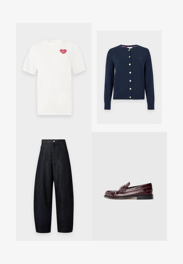 Marineblå cardigan med lange ærmer, rund hals og gyldne knapper foran, med et lille Tommy Hilfiger-logo på brystet.; Hvid bomulds t-shirt med et rosa hjerteformet grafisk design med ordet "Hugs" i kursiv. Korte ærmer og afslappet pasform.; Mørke denimbukser med løs pasform, høj talje og kontrasterende orange syninger. Har lukning med knapper foran og sidelommer.; Burgunderfarvet læder penny loafer med sort sål og guldfarvet metal detalje på vamp, vist i sidevisning på hvid baggrund.
