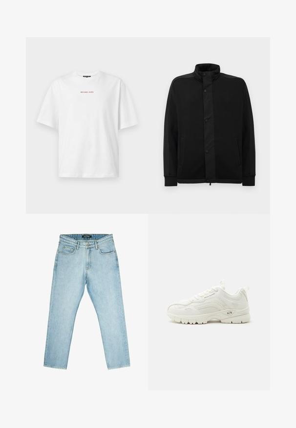 Sort jakke med høj krave, trykknapper og kontrasterende stofpaneler. Har to sidelommer og ribbede manchetter for et tætsiddende look.; Hvid kortærmet t-shirt med rund hals og lille rød "MICHAEL KORS" tekst centreret på brystet.; Lyseblå denimjeans med lige pasform, standard fem-lomme design, synlige sting og en metalknaplukning i taljen.; Hvid Armani Exchange sneaker med mesh- og læderdetaljer, snørebånd foran, mærket "A|X" på sålen og sidepanelet, lavt atletisk design.