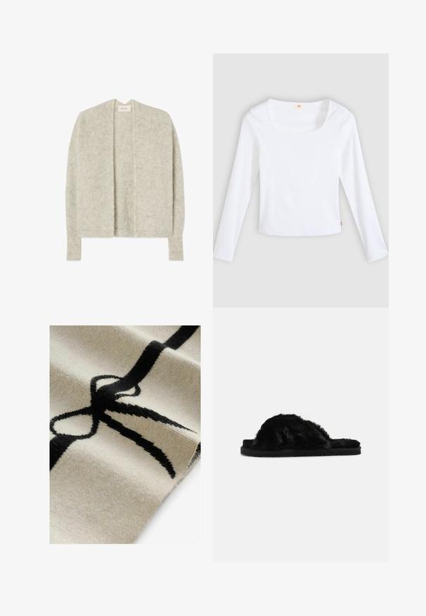 Hellgraue Strickjacke aus weichem Grobstrickmaterial. Mit offenem Vorderteil, langen Ärmeln und durchgehend gerippter Textur.; Weißes Langarm-T-Shirt aus Rippstoff mit quadratischem Ausschnitt und figurbetontem Schnitt, mit einem kleinen Logobändchen an der Seite.; Textil mit cremefarbenem Hintergrund und einem auffälligen schwarzen Schleifendesign. Weiche Textur, gewebter Stoff mit sichtbaren Fasern und Mustern.; Schwarze, pelzige Slipper-Sandalen mit einer weichen Textur, offener Zehenpartie und flacher schwarzer Sohle. Keine sichtbaren Beschläge oder Muster.