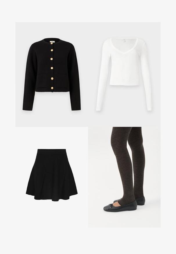 JDY JDYKIM - Cardigan - black; Hvid, cropped, tæt siddende V-hals skjorte med lange ærmer og enkel, glat stoftekstur på en neutral baggrund.; Sort A-line nederdel med tilpasset linning, der bredder sig blidt mod kanten, vist på en ens hvid baggrund.; Ben iført mørke ribbede leggings kombineret med sorte balletsko med små sløjfedetaljer på hvid baggrund.