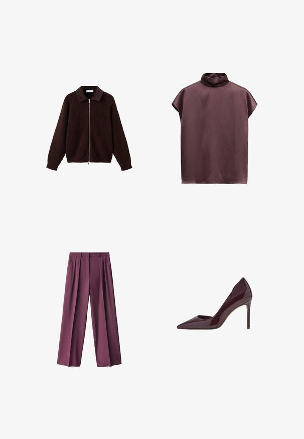 Brun zip-jakke lavet af tekstureret stof med en mørk krave. Designet inkluderer lange ærmer og en afslappet pasform.; Ærmeløs mørk mauve satinbluse med løs pasform og høj, let rynket rullekrave.; Mørk lilla bukser med bred benvidde lavet af glat stof, der har frontfald og sidelommer, designet med en skræddersyet pasform for komfort.; Bordeaux patent læder højhælet pump, spids tå design, slank silhuet og stiletto hæl. Glat tekstur med blank finish.