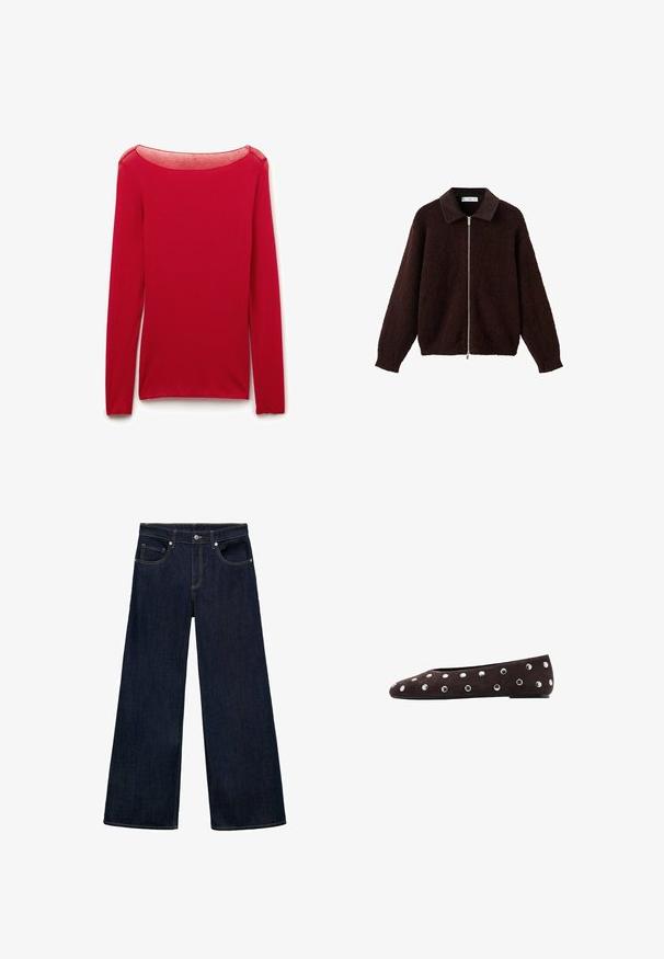 Braune Zip-Jacke aus strukturiertem Stoff mit einem dunklen Kragen. Das Design umfasst lange Ärmel und einen lässigen Schnitt.; Rotes, figurbetontes Langarmtop mit transparentem rundem Ausschnitt, flach auf weißem Hintergrund präsentiert.; Dunkelblaue Denim-Jeans im weiten Schnitt mit hoher Taille, mit fünf Taschen, Metallknopfverschluss und sichtbaren Nähakzenten.; Braune Wildleder-Ballerinas mit rundem Zehenbereich und silbernen Nieten, gleichmäßig über den oberen Teil verteilt, sowie flacher Sohle für Komfort.