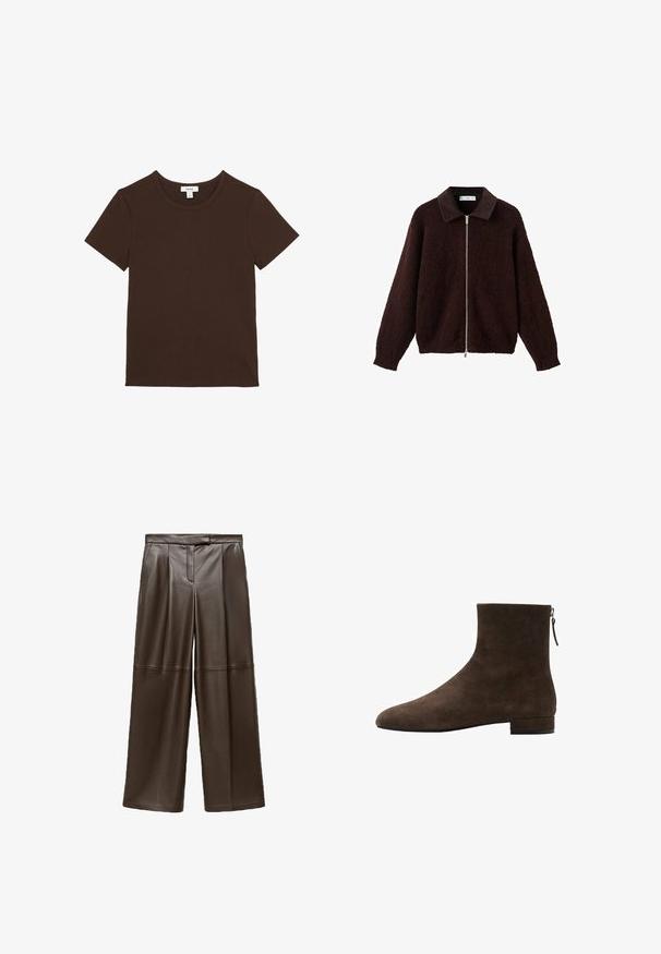 Brun zip-jakke lavet af tekstureret stof med en mørk krave. Designet inkluderer lange ærmer og en afslappet pasform.; Ensfarvet mørkebrun T-shirt med korte ærmer og rund hals, lagt fladt, med et lille hvidt mærke inde i halsudskæringen.; Brune læder brede bukser med en glat tekstur, der har folder foran og et klassisk taljebånddesign.; Brune ruskind ankelstøvle med spids tå, lav blokhæl og lynlås bagpå for nem påtagning. Blød tekstur.