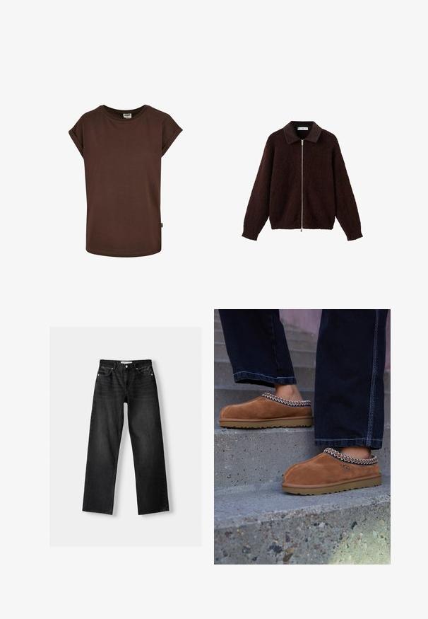 Bruine ritsjack gemaakt van textuur stof, met een donkere kraag. Het ontwerp omvat lange mouwen en een relaxte pasvorm.; Bruine katoenen t-shirt met korte opgerolde mouwen, ronde halslijn en een losse pasvorm. Heeft een klein label op de zijnaad.; Bershka Straight leg jeans - mottled dark grey; Bruine suède instappers met een decoratieve geweven rand en een rubberen zool, geplaatst op betonnen trappen.