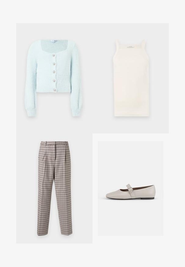 Lyseblå cropped cardigan i blød, loet tekstur med firkantet halsudskæring, lange ærmer og fem dekorative knapper foran.; Cremefarvet ribbet tanktop med tynde stropper, tætsiddende design og lige kant. Etiketten siger "IVY OAK." Materialet ser blødt og strækbart ud.; Tjekkede bukser med et brunt og hvidt rutenetmønster, plisseret front, lige snit og glat tekstur. Velegnet til forskellige anledninger.; Beige læder Mary Jane flad sko med spids tå, ankelrem og en sølvspænde detalje, der har en lav sort hæl.