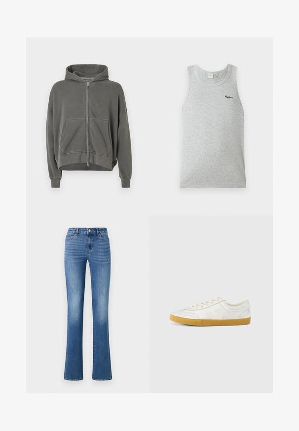 Grijze zip-up hoodie met een capuchon, vo pockets en een cropped ontwerp. Getextureerde stof met een relaxte pasvorm en ribgebreide manchetten.; Lichtgrijs mouwloos geribd tanktopje met ronde hals en klein zwart "Pepe Jeans"-logo links boven op de borst.; ONLY ONLWAUW MID WAIST - Slim fit jeans - medium blue denim; Witte leren sneaker met een gladde textuur, voorzien van een beige 'V' logo, ronde neus, vetersluiting en een zool van gumrubber.