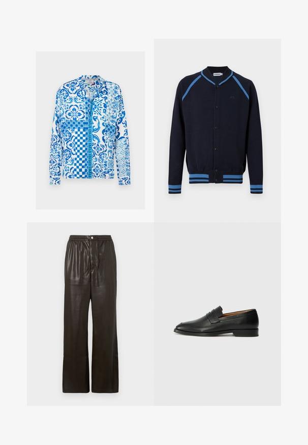 Cardigan bleu marine à boutons avec des rayures bleu clair sur les épaules, les poignets et l'ourlet, doté d'un col côtelé et d'un logo discret sur la poitrine.; Chemise blanche à manches longues boutonnée avec des motifs floraux, géométriques et abstraits bleus et le texte "Carlo Colucci" sur la patte de boutonnage.; Pantalon en simili cuir marron foncé avec une taille élastique, une fermeture à bouton à l'avant et des jambes droites larges.; Mocassin en cuir noir avec un bout arrondi, des coutures subtiles et un talon bas, présentant une texture lisse et un design minimaliste.