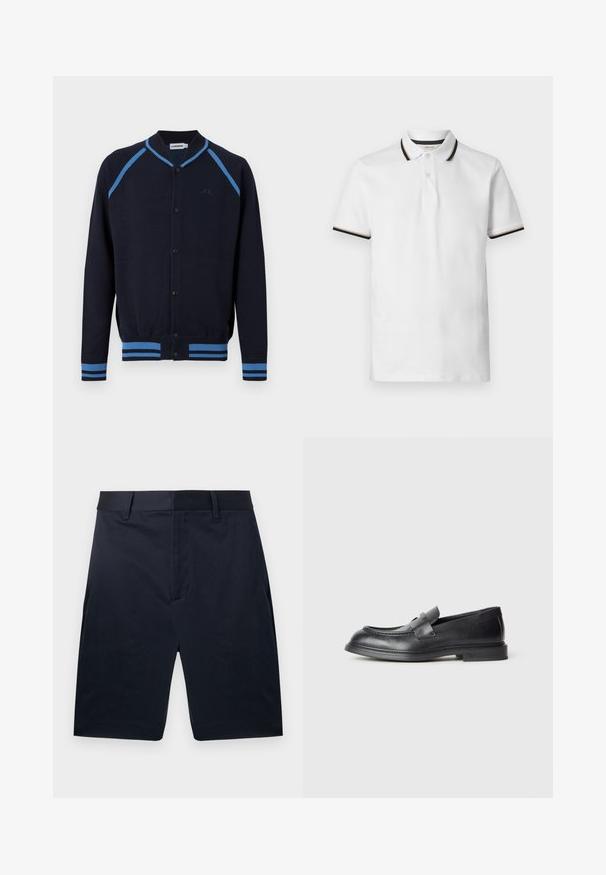Cardigan bleu marine à boutons avec des rayures bleu clair sur les épaules, les poignets et l'ourlet, doté d'un col côtelé et d'un logo discret sur la poitrine.; Polo blanc à manches courtes avec rayures noires et beiges sur le col et les bords des manches, patte à deux boutons et tissu en coton doux.; Shorts bleu marine sur mesure, longueur genou, avec passants de ceinture et fermeture à glissière avant cachée, présentés à plat sur un fond blanc.; Mocassins en cuir noir avec une finition texturée, dotés d'une bride décorative à l'avant et d'un bout arrondi. Semelle en caoutchouc pour plus de durabilité.